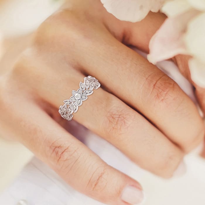 1/3 Carat Floral Diamond Wedding Band Crafted In 14 Karat White Gold