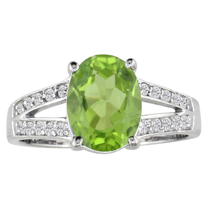 Peridot Jewelry: Split Band 1 1/2ct Oval Shape Peridot and .15ct Diamond Ring in 14k White Gold