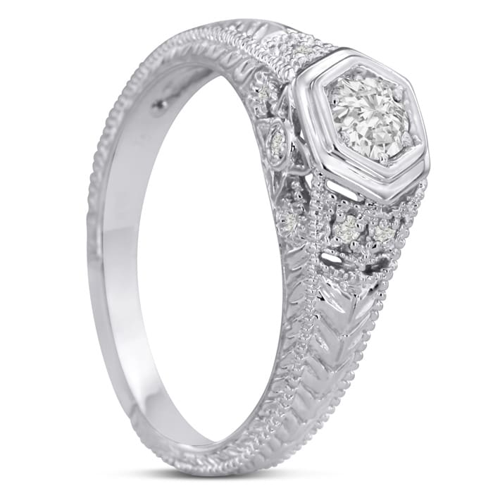 Antique 1/3 Carat Diamond Engagement Ring In 14 Karat White Gold. Also Available in Yellow and Rose.