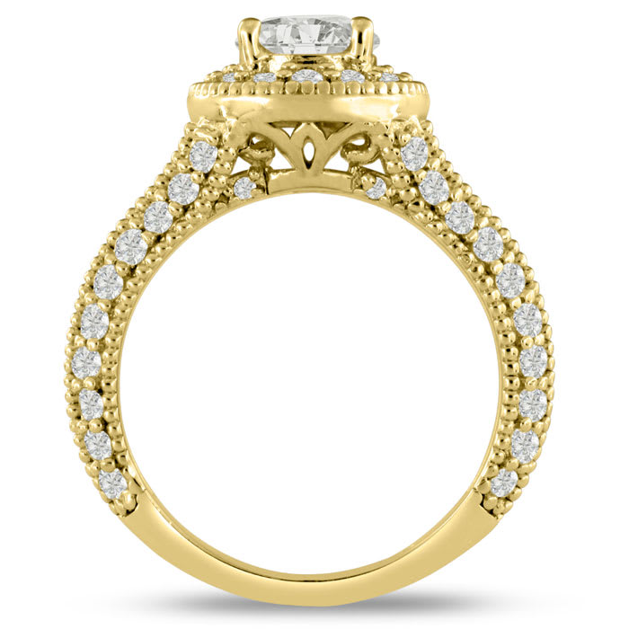 1 3/4 Carat Split Shank Halo Diamond Engagement Ring in 14 Karat Yellow Gold