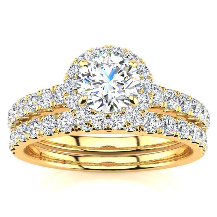 1/2 Carat Pave Halo Diamond Bridal Set in 14k Yellow Gold