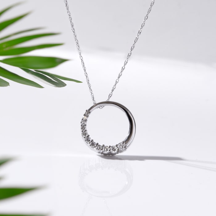 1/2ct Circle Style Journey Diamond Pendant, 14k White Gold