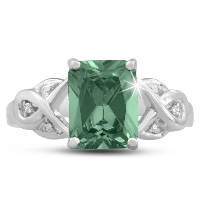 2 3/4 Carat Emerald Shape Green Amethyst and Diamond Ring In Sterling Silver
