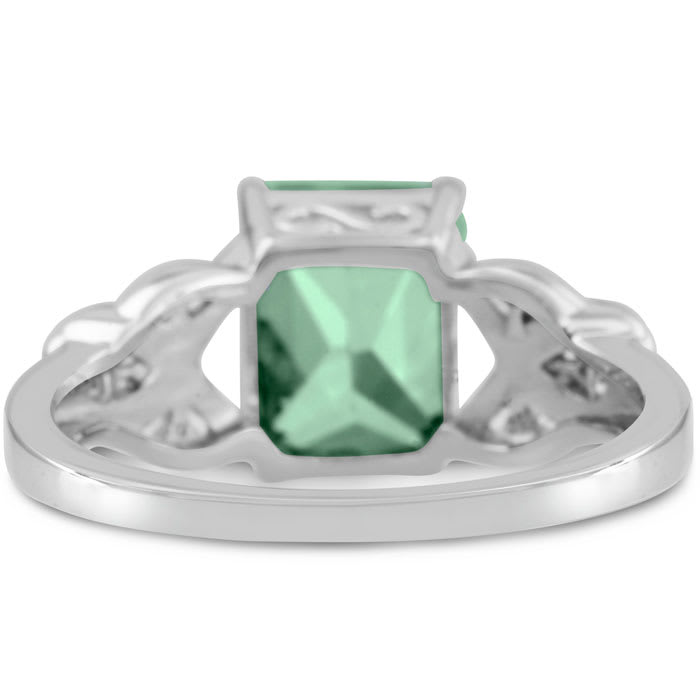 2 3/4 Carat Emerald Shape Green Amethyst and Diamond Ring In Sterling Silver