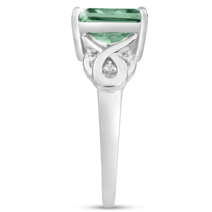 2 3/4 Carat Emerald Shape Green Amethyst and Diamond Ring In Sterling Silver