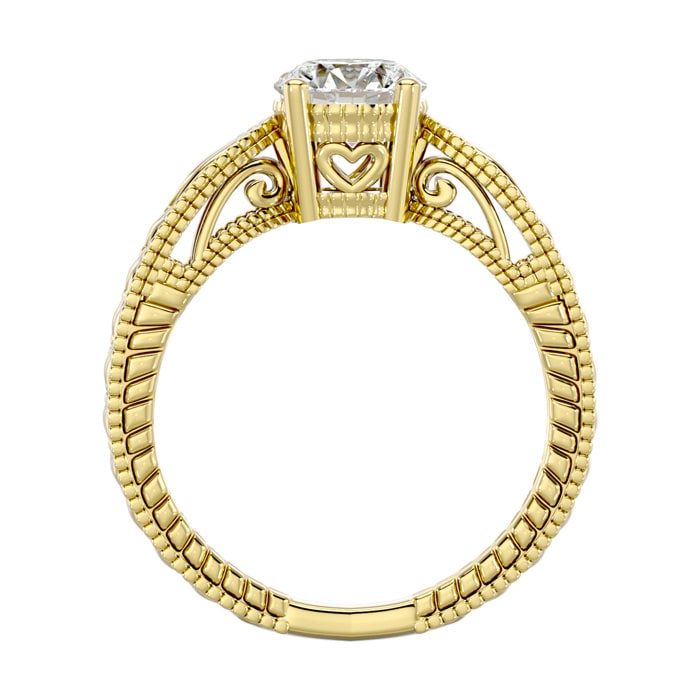 Round Engagement Rings, 1 Carat Diamond Solitaire Engagement Ring with Tapered Etched Band Crafted In 14 Karat Yellow Gold