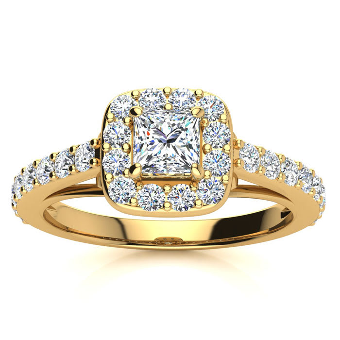 2 Carat Princess Cut Halo Diamond Engagement Ring in 14 Karat Yellow Gold