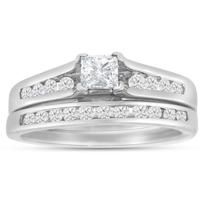 1/2 Carat Princess And Round Diamond Bridal Set In 14 Karat White Gold