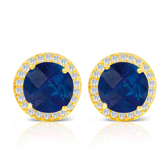 4 Carat Sapphire and CZ Halo Stud Earrings In 24 Karat Gold Over Silver