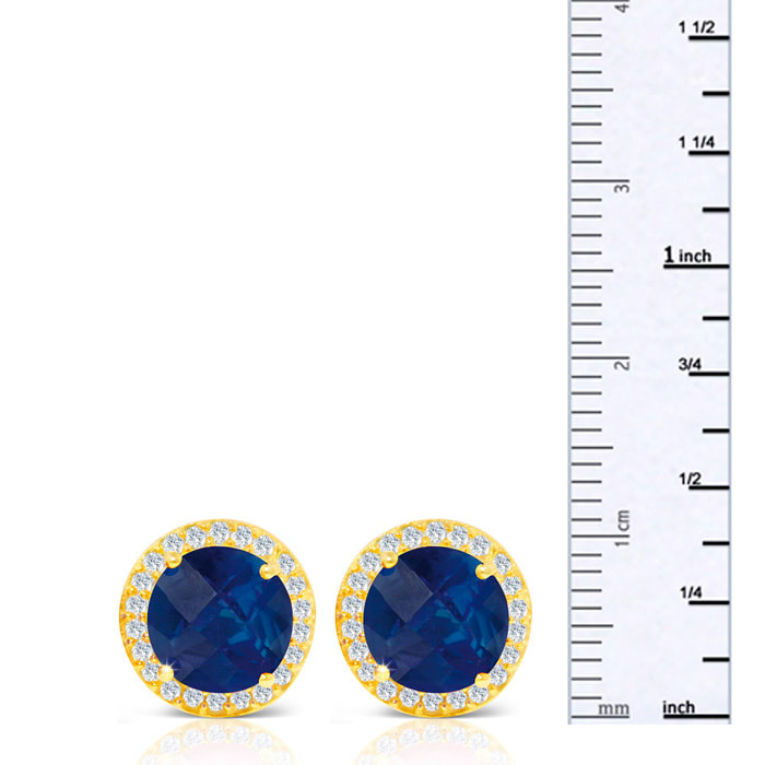 4 Carat Sapphire and CZ Halo Stud Earrings In 24 Karat Gold Over Silver