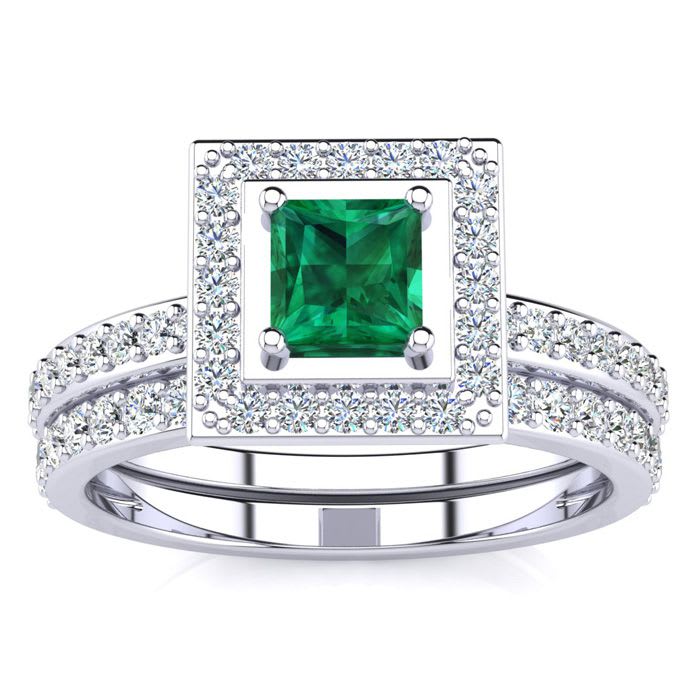 1ct Princess Cut Emerald and Diamond Bridal Set in 14k White Gold
