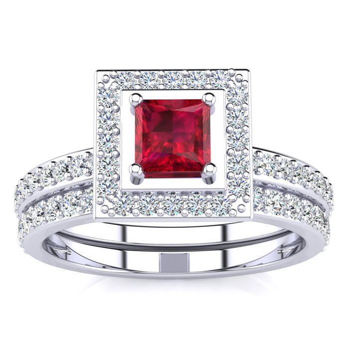 1ct Princess Cut Ruby and Diamond Bridal Set in 14k White Gold
