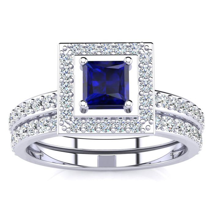1ct Princess Cut Sapphire and Diamond Bridal Set in 14k White Gold
