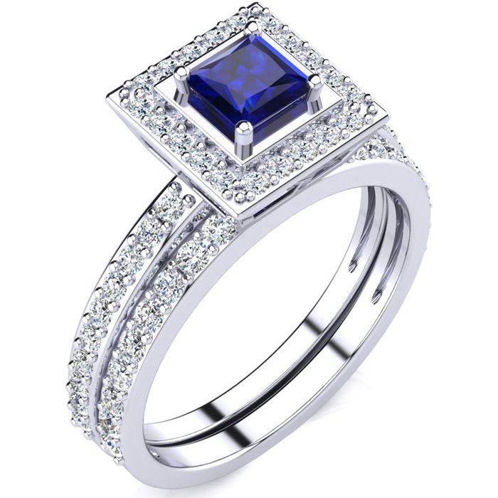 1ct Princess Cut Sapphire and Diamond Bridal Set in 14k White Gold

