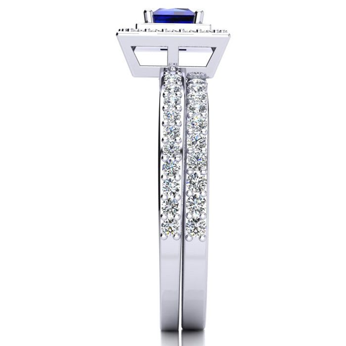 1ct Princess Cut Sapphire and Diamond Bridal Set in 14k White Gold
