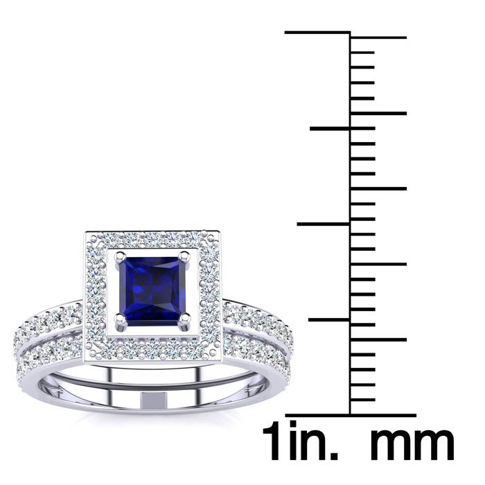 1ct Princess Cut Sapphire and Diamond Bridal Set in 14k White Gold
