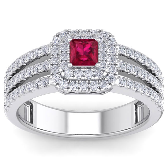 1 Carat Princess Shape Double Halo Ruby and Diamond Engagement Ring In 14 Karat White Gold