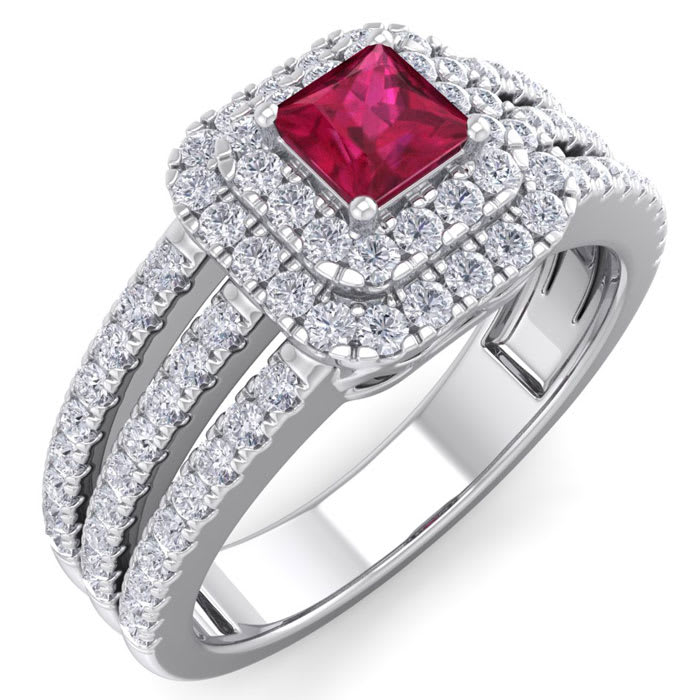 1 Carat Princess Shape Double Halo Ruby and Diamond Engagement Ring In 14 Karat White Gold