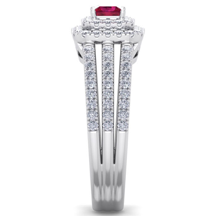 1 Carat Princess Shape Double Halo Ruby and Diamond Engagement Ring In 14 Karat White Gold