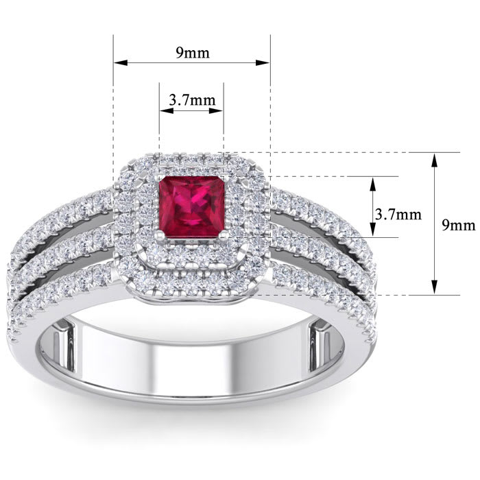 1 Carat Princess Shape Double Halo Ruby and Diamond Engagement Ring In 14 Karat White Gold