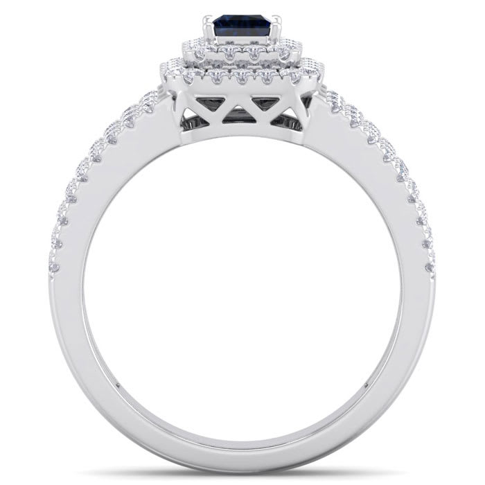 1 Carat Princess Shape Double Halo Sapphire and Diamond Engagement Ring In 14 Karat White Gold