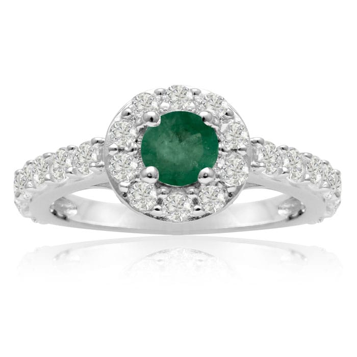 1 1/2 Carat Halo Diamond and Emerald Engagement Ring in 14 Karat White Gold
