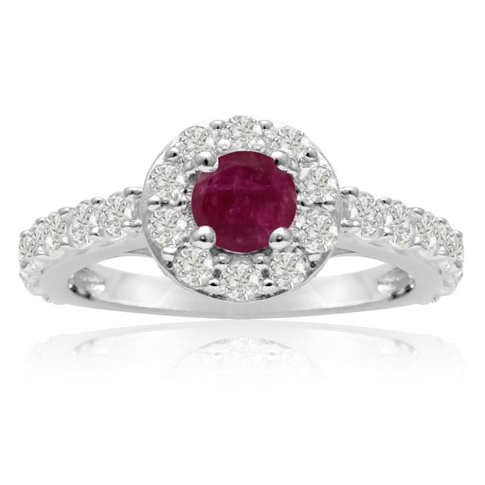 1 1/2 Carat Halo Diamond and Ruby Engagement Ring in 14 Karat White Gold
