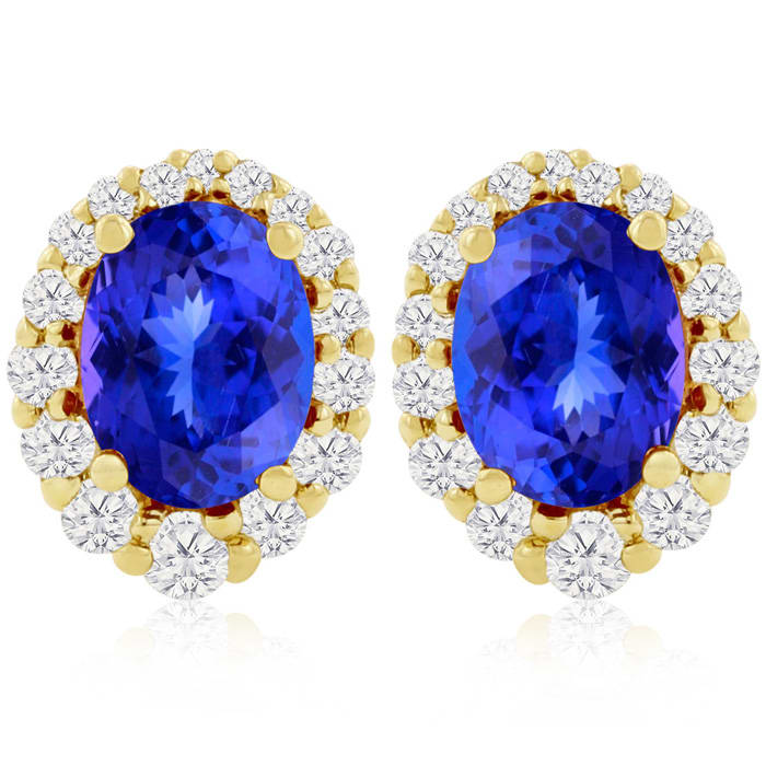 3.00 Carat Fine Quality Tanzanite And Diamond Earrings In 14K Yellow Gold