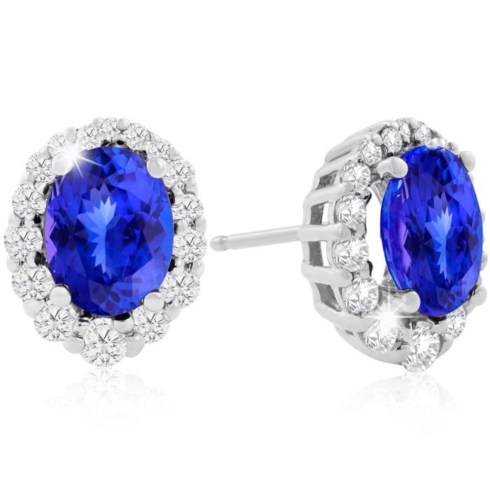 3.00 Carat Fine Quality Tanzanite And Diamond Earrings In 14K White Gold