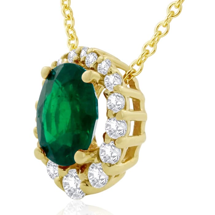2-9/10 Carat Oval Shape Emerald Necklaces With Diamond Halo In 14 Karat Yellow Gold, 18 Inch Chain