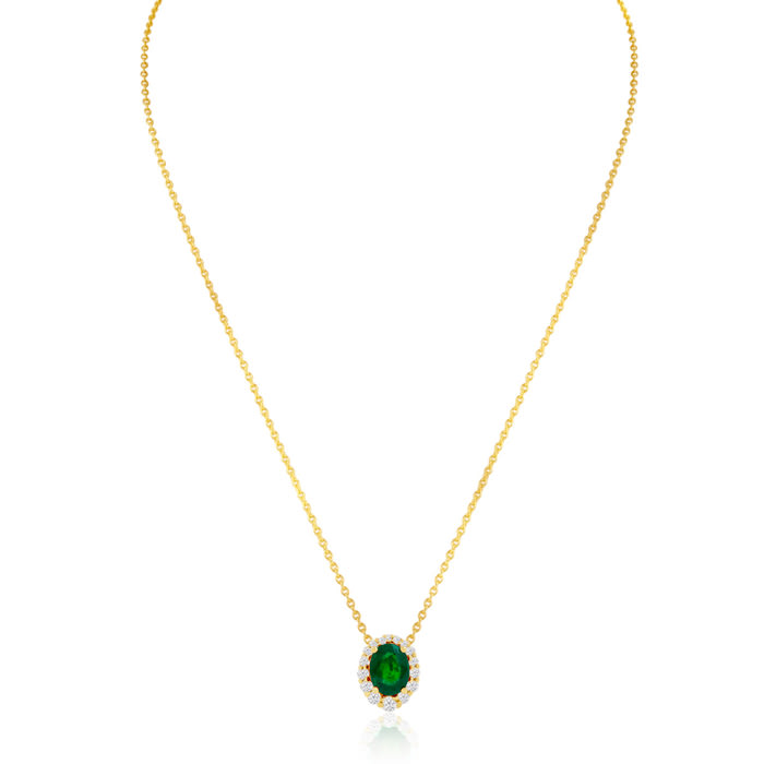 2-9/10 Carat Oval Shape Emerald Necklaces With Diamond Halo In 14 Karat Yellow Gold, 18 Inch Chain