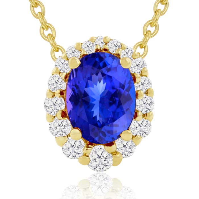 2.90 Carat Fine Quality Tanzanite And Diamond Necklace In 14K Yellow Gold