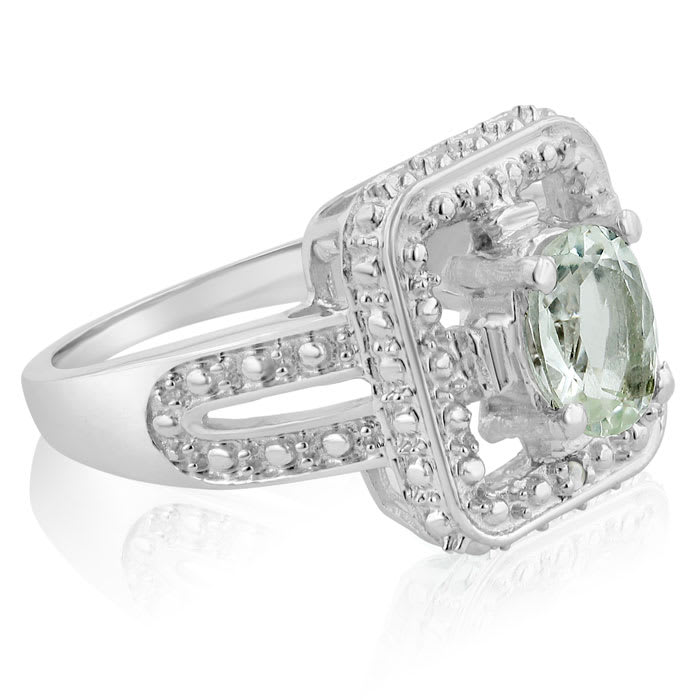 1 1/4 Carat Oval Shape Green amethyst and Diamond Ring In Sterling Silver