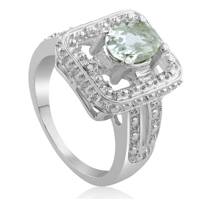 1 1/4 Carat Oval Shape Green amethyst and Diamond Ring In Sterling Silver