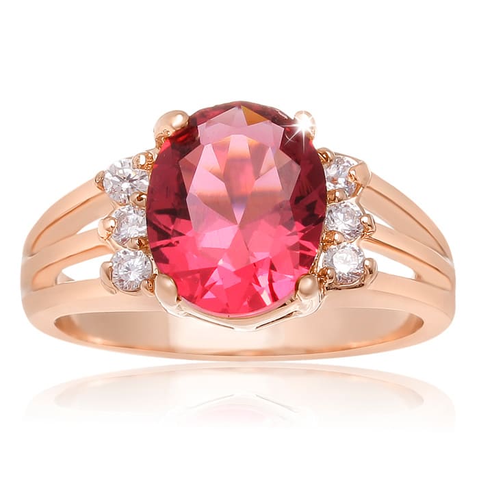 2 1/2 Carat Oval Shape Crystal Ruby and Diamond Ring In 18 Karat Rose Gold Overlay