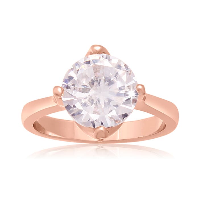 3 Carat Crystal Rotated Prong Engagement Ring, Rose Gold Overlay
