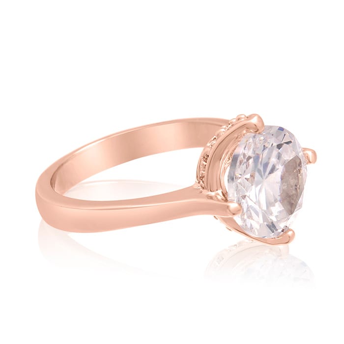 3 Carat Crystal Rotated Prong Engagement Ring, Rose Gold Overlay