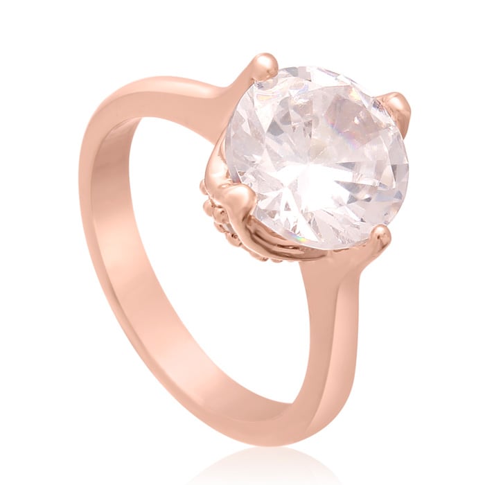 3 Carat Crystal Rotated Prong Engagement Ring, Rose Gold Overlay