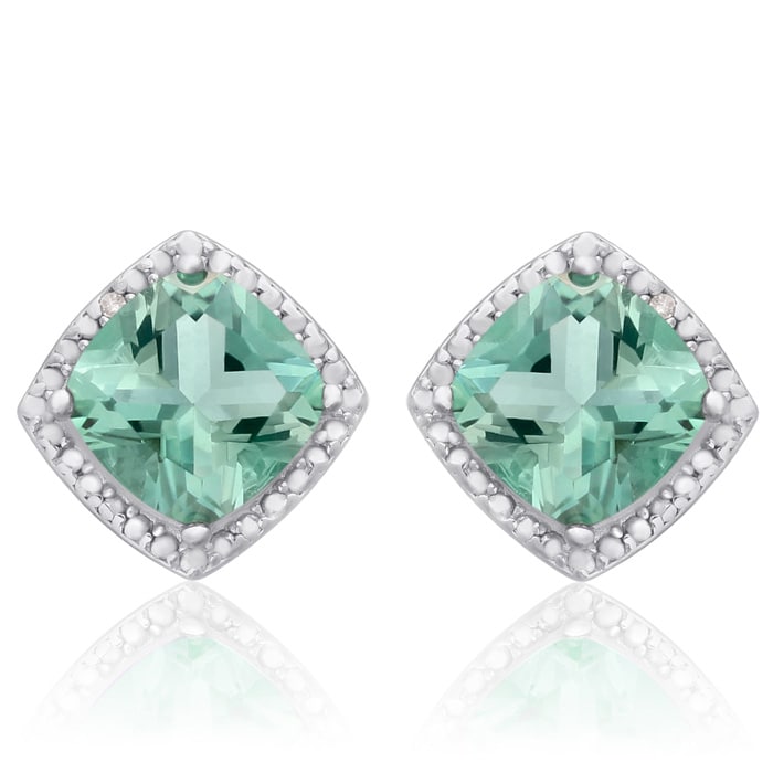 3 3/4 Carat Cushion Cut Green Amethyst and Diamond Earrings In Sterling Silver