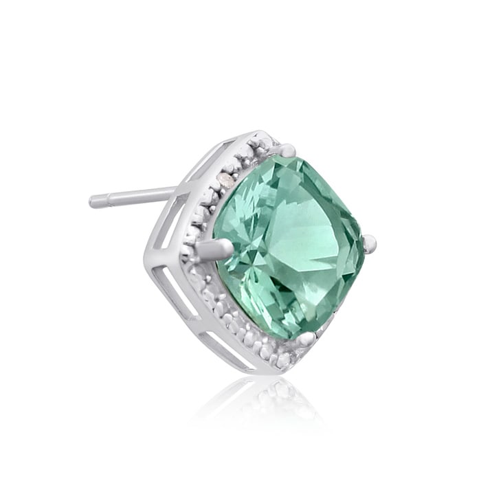 3 3/4 Carat Cushion Cut Green Amethyst and Diamond Earrings In Sterling Silver