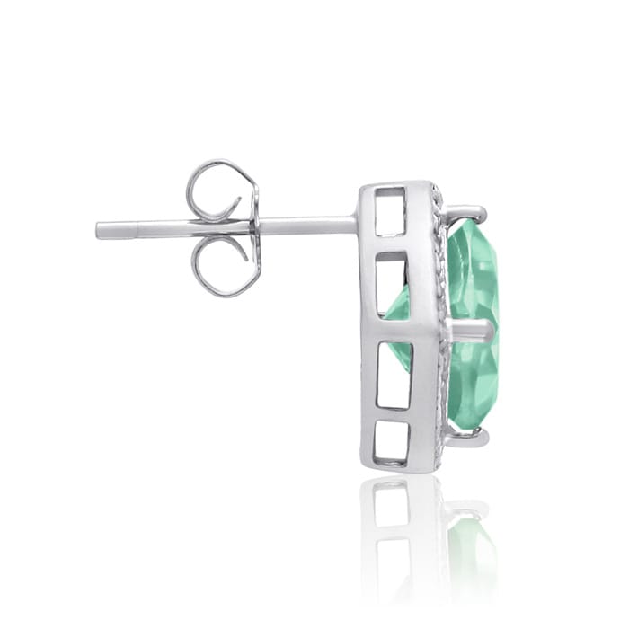 3 3/4 Carat Cushion Cut Green Amethyst and Diamond Earrings In Sterling Silver
