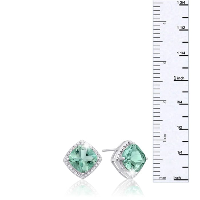 3 3/4 Carat Cushion Cut Green Amethyst and Diamond Earrings In Sterling Silver