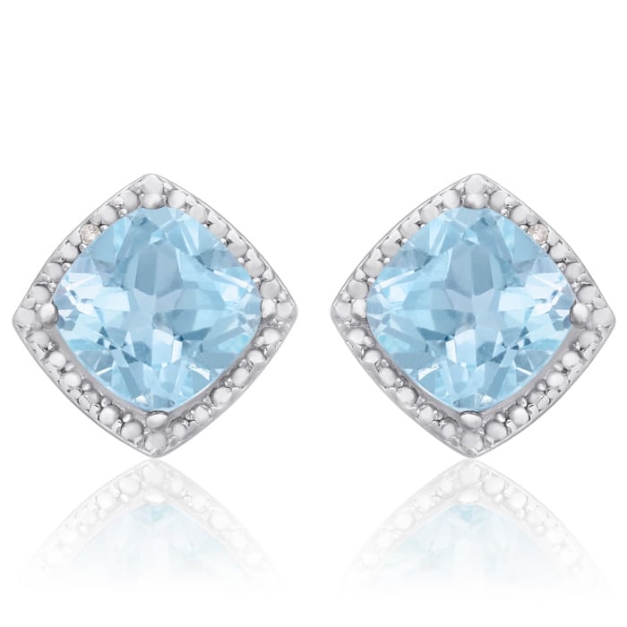 3 3/4 Carat Cushion Cut Blue Topaz and Diamond Earrings In Sterling Silver
