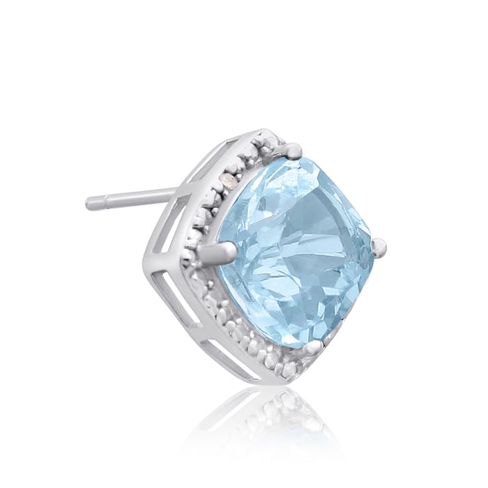 3 3/4 Carat Cushion Cut Blue Topaz and Diamond Earrings In Sterling Silver