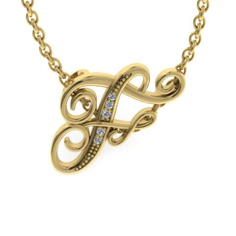 Letter F Diamond Initial Necklace In Yellow Gold With 6 Diamonds