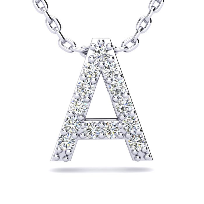Letter A Diamond Initial Necklace In 14K White Gold With 13 Diamonds