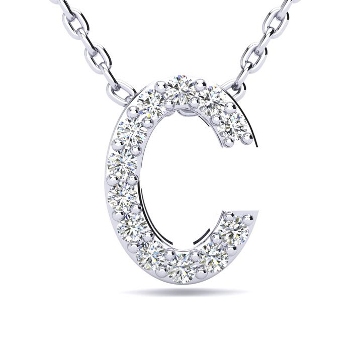 Letter C Diamond Initial Necklace In 14K White Gold With 13 Diamonds
