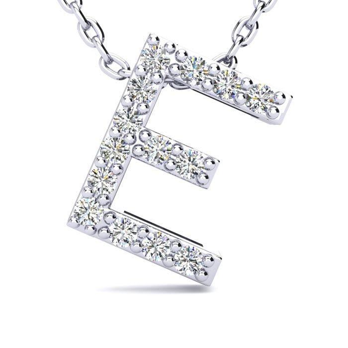 Letter E Diamond Initial Necklace In 14K White Gold With 13 Diamonds