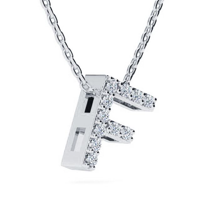 Letter F Diamond Initial Necklace In 14K White Gold With 13 Diamonds