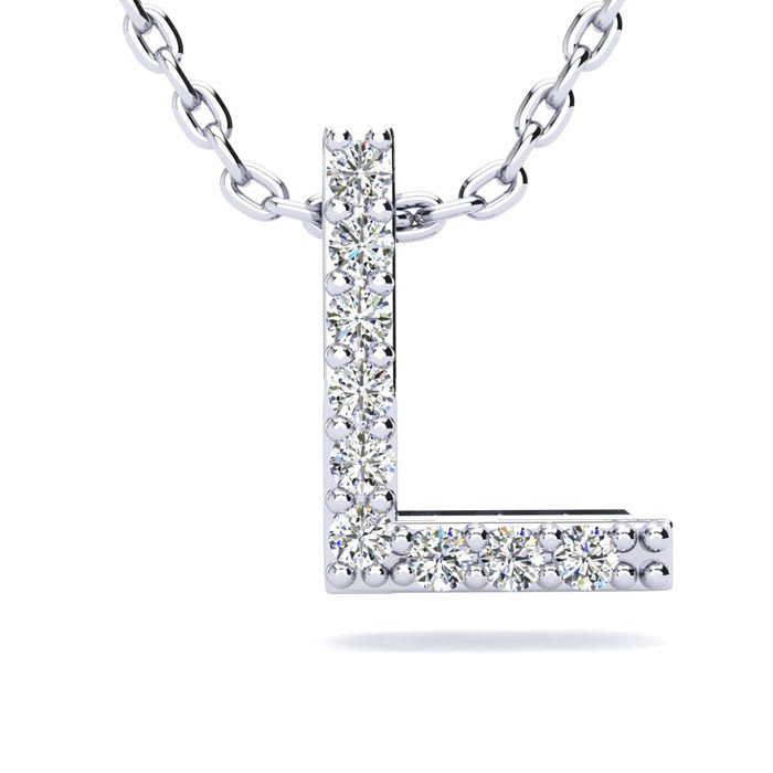 Letter L Diamond Initial Necklace In 14K White Gold With 13 Diamonds